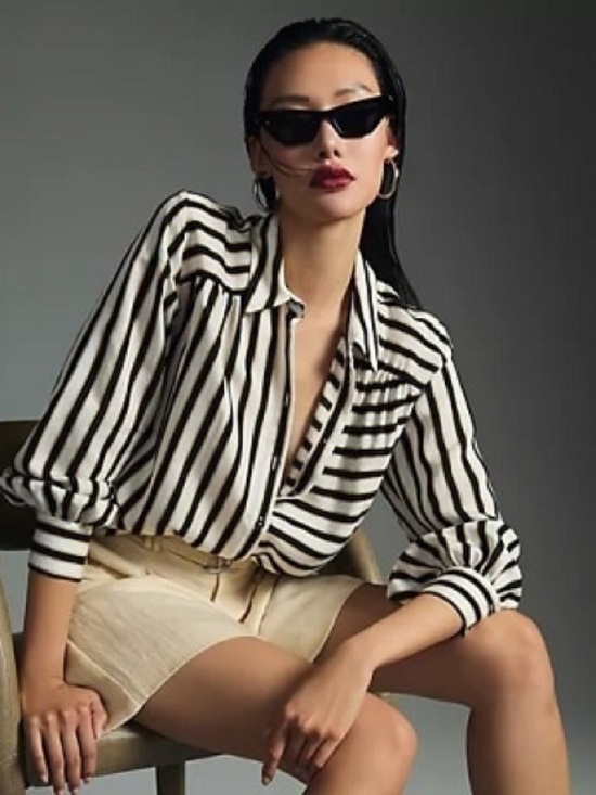 Anthropologie Tops - Anthropologie Maeve Black, Gold Tone White Mix Stripe Button-Down Shirt Small